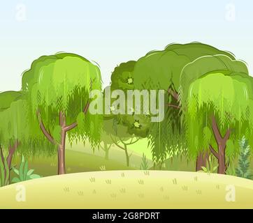 Summer forest landscape. Light foggy thickets. Dense foliage. Green trees view. Cartoon flat style. Nature illustration. Hills meadow at the edge Stock Vector