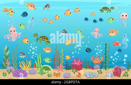 Bottom of reservoir with fishes and turtles. Blue water. Sea ocean. Underwater landscape with animals. plants, algae and corals. Cartoon style. Flat Stock Vector