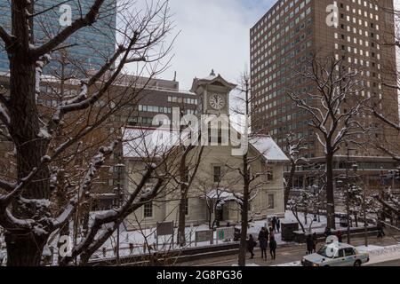 Sapporo, Japan-December 26,2017:Sapporo Clock Tower is a symbol of Hokkaido during winter season.This building is a wooden structure In American style Stock Photo