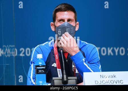 Tokyo, Japan. 22nd July, 2021. Novak Djokovic of Serbia attends a press conference at the Main Press Center (MPC) of Tokyo 2020 in Tokyo, Japan, July 22, 2021. Credit: Cheng Min/Xinhua/Alamy Live News Stock Photo