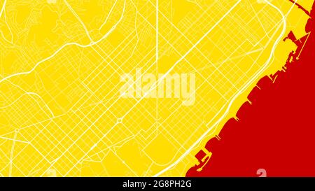 Yellow red white Barcelona City area vector background map, streets and water cartography illustration. Widescreen proportion, digital flat design str Stock Vector