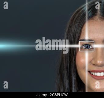 Eye scanning of asian young woman by laser light over the dark background, vision and identification concept Stock Photo