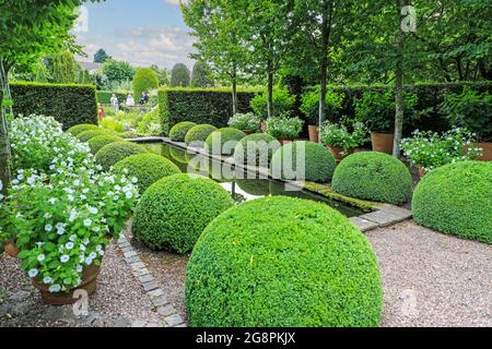 The pond and topiary at the Upper Rill Garden at Wollerton Old Hall Gardens garden Wollerton Market Drayton Shropshire England UK Stock Photo