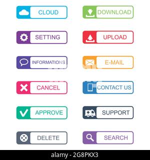 A collection of web buttons in a variety of colours and styles. Stock Vector