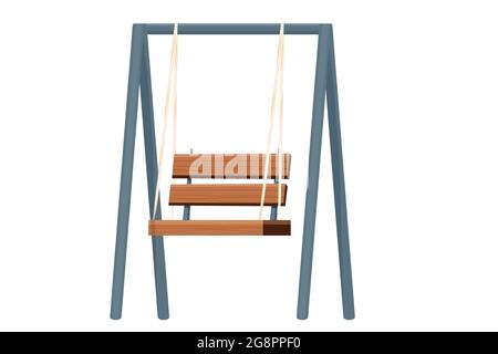 Wooden swing backyard furniture, hanging bench in cartoon style isolated on white background. Rural comfortable seat. Garden, park decoration. Vector illustration Stock Vector