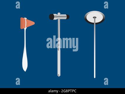 Vector illiustration different styles of reflex hammer for neurological examination on blue background. Stock Vector