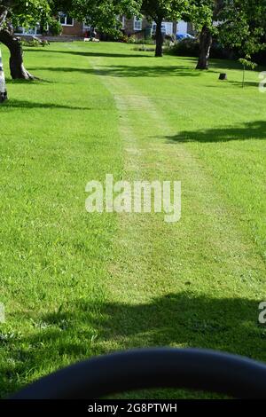 A view of a strip of freshly mowed grass on a summers afternoon Stock Photo