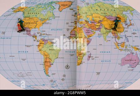 Models of delivery over the map between China and United State. Stock Photo
