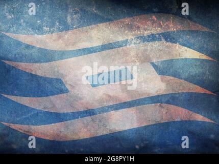 Top view of retro Flag of Hyogo Prefecture with grunge texture, no flagpole. Plane design, layout. Flag background. Stock Photo