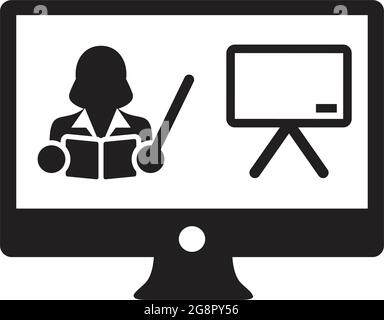Online course icon vector teacher symbol with computer monitor and whiteboard for online education class in a glyph pictogram illustration Stock Vector