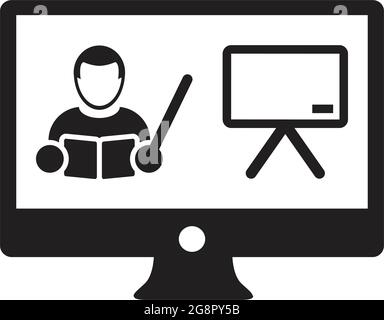 Online class icon vector teacher symbol with computer monitor and whiteboard for online education course in a glyph pictogram illustration Stock Vector