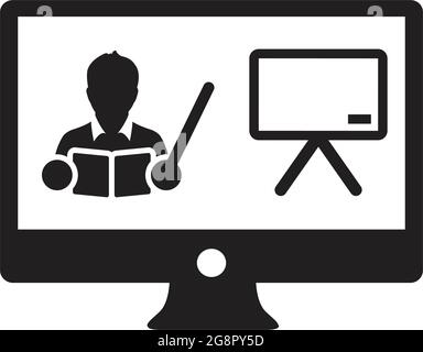 Online course icon vector teacher symbol with computer monitor and whiteboard for online education class in a glyph pictogram illustration Stock Vector