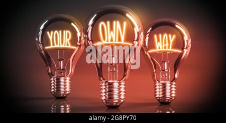 Your own way concept - shining light bulbs - 3D illustration Stock Photo