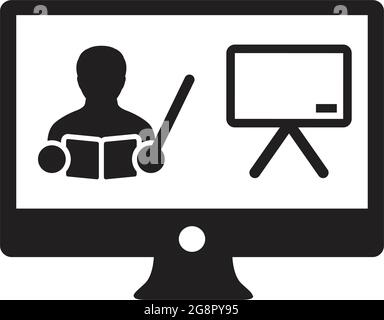 Online course icon vector teacher symbol with computer monitor and whiteboard for online education class in a glyph pictogram illustration Stock Vector
