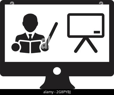 Online learning icon vector teacher symbol with computer monitor and whiteboard for online education class in a glyph pictogram illustration Stock Vector