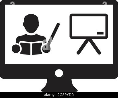 Online course icon vector teacher symbol with computer monitor and whiteboard for online education class in a glyph pictogram illustration Stock Vector