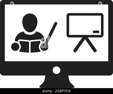 Online course icon vector teacher symbol with computer monitor and whiteboard for online education class in a glyph pictogram illustration Stock Vector