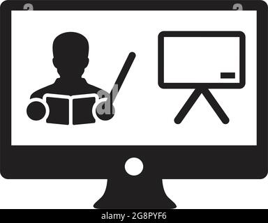 Online class icon vector teacher symbol with computer monitor and whiteboard for online education course in a glyph pictogram illustration Stock Vector