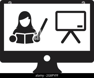 Online learning icon vector teacher symbol with computer monitor and whiteboard for online education class in a glyph pictogram illustration Stock Vector