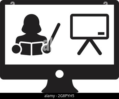 Online course icon vector teacher symbol with computer monitor and whiteboard for online education class in a glyph pictogram illustration Stock Vector