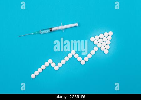 Global Pharmaceutical Industry and Medicinal Products - Upward Arrow Made from White Pills on Blue Background Stock Photo
