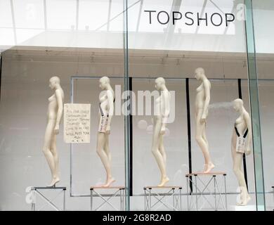 The clothesless mannequins in the window of the closed Topshop and Topman store owned by Arcadia in St Mary’s Square in Coppergate, York, North Yorksh Stock Photo