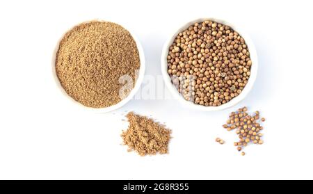 Two bowls of coriander seeds and coriander powder top view isolated on white background Stock Photo