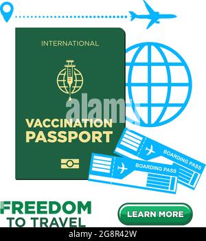Vaccination Green Pass for travel. Freedom for Air flights during coronavirus restrictions. Vector landing page on transparent background Stock Vector