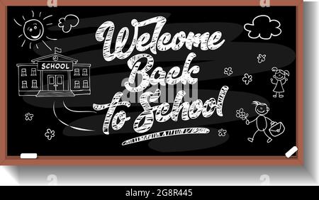 School board with chalk drawing welcome back to school. Vector with shadow on transparent background Stock Vector