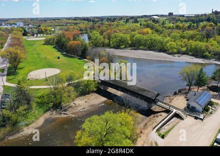 An aerial view of the Guelph Covered Bridge in Guelph, Ontario, Canada Stock Photo