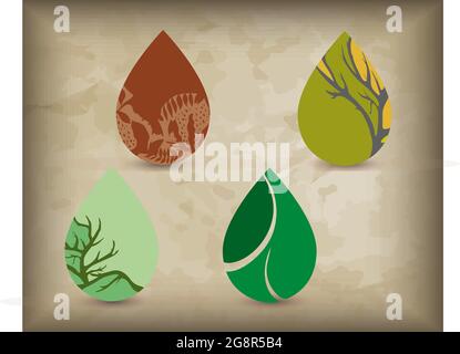 set of vector drops with a texture inside, a nature logo, an art icon. Vector illustration Stock Vector