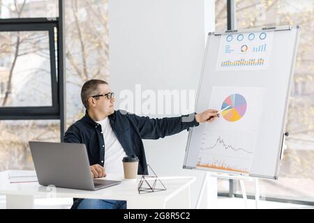 A man dressed in casual clothes works in the office, sits at a table near a laptop and holds an online conference. The man works in a remote place of Stock Photo