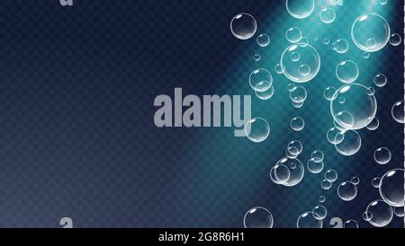 Floating bubbles isolated on dark transparent background. Fizzy air underwater. Vector realistic illustration. Stock Vector