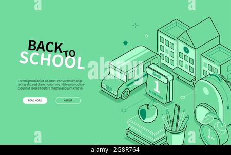Back to school - line design style isometric web banner. Education, studying green header with copy space for text. Illustration with backpack, calend Stock Vector