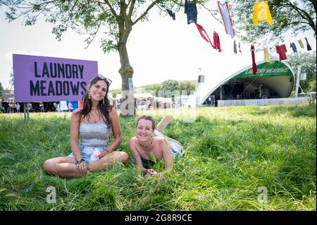 Standon, Hertfordshire, UK. 22nd July, 2021. People arrive at Standon Calling Music festival due to take place this weekend. It is one of the first festivals to be held after the relaxation of Covid restrictions in the UK and attendees had to take a verified and video recorded lateral flow test as a condition of entry. Credit: Julian Eales/Alamy Live News Stock Photo