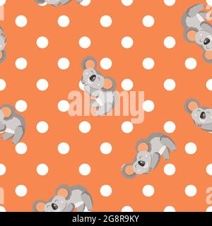 Seamless pattern with cute koala baby and flowers on color polka dots background. Funny australian animals. Card, postcards for kids. Flat vector Stock Vector