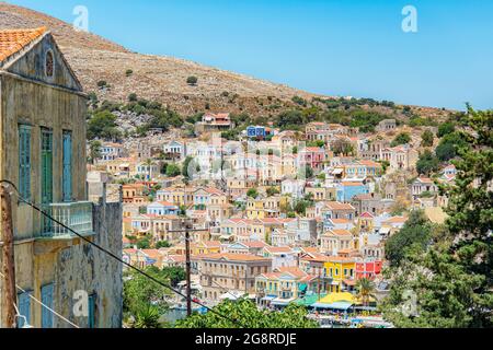 SYMI, GREECE - JULY 05, 2021: Symi is a Greek island and part of the Dodecanese island group. Stock Photo