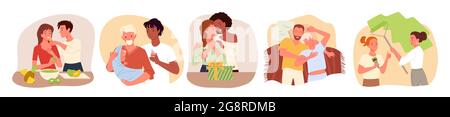 Cartoon lover characters standing, hugging and smiling, cooking food, sleeping in bedroom. Couple people spend happy time together at home, harmony Stock Vector