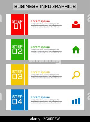 Four step process with red, green, yellow, blue color design template for business infographics Stock Vector