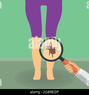 Hand holding a magnifying glass with bug on a leg Stock Vector