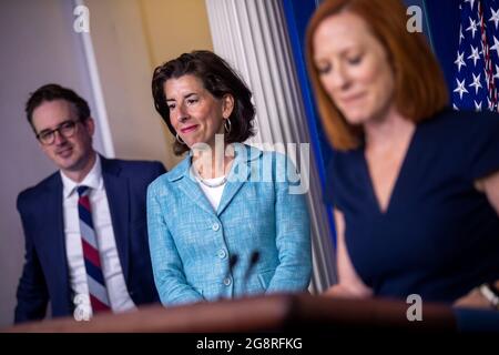 Secretary of Commerce Gina Raimondo arrives for the daily press briefing at the White House in Washington, DC, USA. 22nd July, 2021. Secretary of Commerce Gina Raimondo announced that the Department of CommerceÕs Economic Development Administration (EDA) will 'implement a series of programs, collectively called Investing in AmericaÕs Communities, to equitably invest the $3 billion it received from President BidenÕs American Rescue Plan Act to help communities across the country build back better.' Credit: Sipa USA/Alamy Live News Stock Photo
