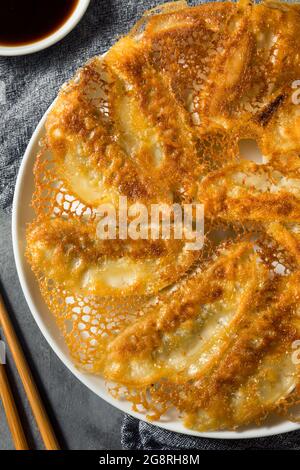 Homemade Fried Lace Dumpling Potstickers with Soy Dipping Sauce Stock Photo