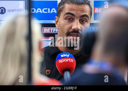 Huddersfield, UK. 22nd July, 2021. Ashton Golding (1) of Huddersfield Giants is interviewed by Sky Sports Jenna Brooks about todays news that Australia and New Zealand have pulled out of the 2021 Rugby League World Cup in Huddersfield, United Kingdom on 7/22/2021. (Photo by Mark Cosgrove/News Images/Sipa USA) Credit: Sipa USA/Alamy Live News Stock Photo