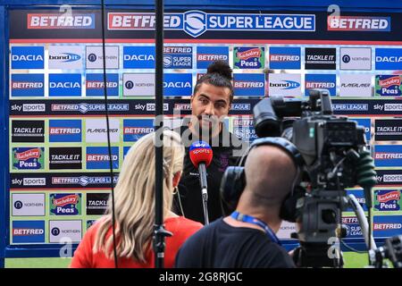 Ashton Golding (1) of Huddersfield Giants is interviewed by Sky Sports Jenna Brooks about todays news that Australia and New Zealand have pulled out of the 2021 Rugby League World Cup. Stock Photo