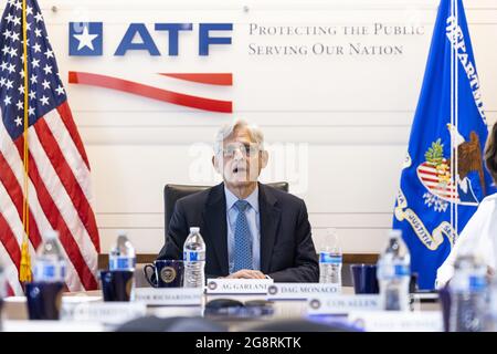 Washington, United States. 22nd July, 2021. US Attorney General Merrick Garland announces the launch of the Justice Department's 'five cross-jurisdictional trafficking strike forces' to staff from Alcohol, Tobacco and Firearms (ATF) and the Department of Justice at the ATF in Washington, DC, USA, 22 July, 2021. The strike forces will seek to reduce firearms trafficking corridors, with a focus on New York, Chicago, Los Angeles, the San Francisco Bay and Sacramento Region, and Washington, DC. Pool Photos by Jim Lo Scalzo/UPI Credit: UPI/Alamy Live News Stock Photo