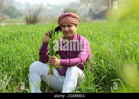 indian farmer talking phone,agricultral field Stock Photo