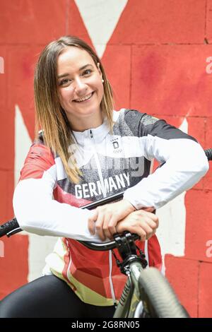 Berlin, Germany. 22nd July, 2021. Lara Lessmann, BMX professional athlete, is about to leave for Tokyo at Mellowpark. BMX Freestyle is an Olympic discipline for the first time this year. Credit: Kira Hofmann/dpa-Zentralbild/ZB/dpa/Alamy Live News Stock Photo
