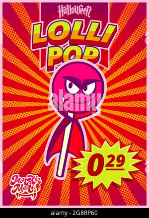Menu monster with lollipop. A vertical banner with a price tag for a fast food cafe on Halloween day. Vector clipart. Stock Vector