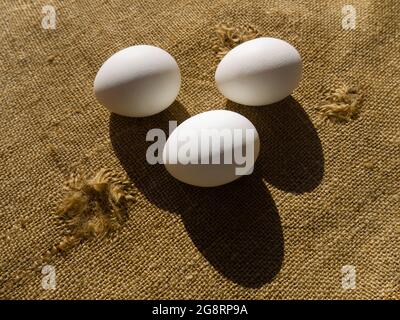 Eggs on burlap in natural sunlight. Happy Easter holiday, grocery  and agricultural concept. Stock Photo