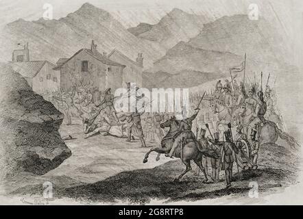 Spain. First Carlist War (1833-1840). Civil war that confronted Carlists, supporters of the Infante Carlos María Isidro de Borbón, against the Isabelinos (Elizabethans), defenders of Isabel II and the regent María Cristina de Borbón. Battle of Nazar and Asarta (29 December 1833). It took place in the Berrueza valley, in the Estella merindad. Zumalacárregui confronted the Liberal troops under the command of Generals Manuel Lorenzo and Marcelino de Oraá. The Carlists finally had to retreat after running out of ammunition. Part of the action at Nazar and Asarta. Engraving. Panorama Español, Cróni Stock Photo
